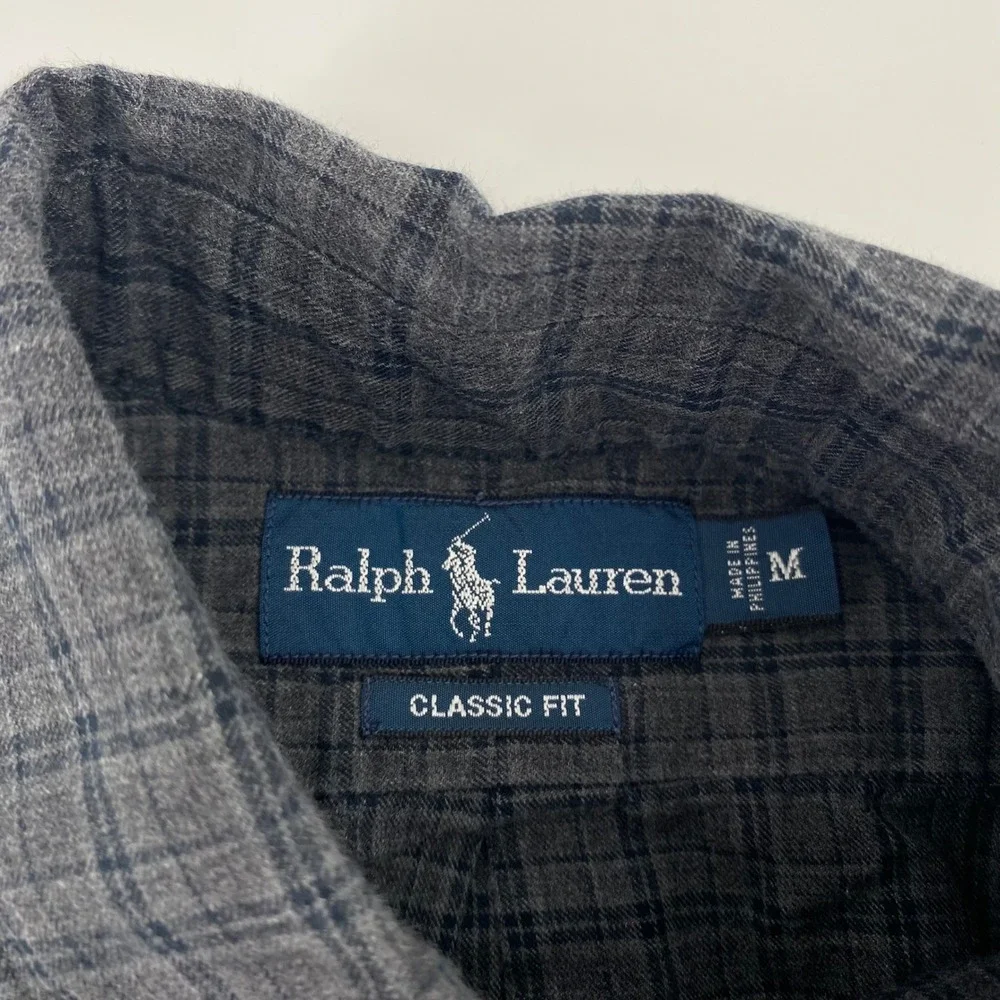 Ralph Lauren Button Down Mens Medium Grey Plaid Classic Fit Cotton Flannel Shirt